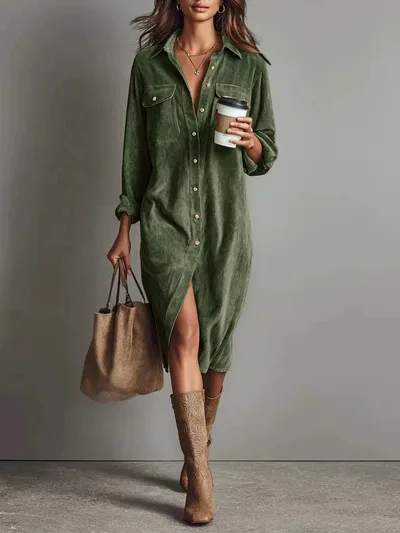 Turn Down Collar Buttons Chic Casual Dress, Women Spring Autumn Solid Simple Party Dress, Long Sleeve Holiday Ladies Dress Green - Shop at LoveMi