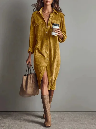 Turn Down Collar Buttons Chic Casual Dress, Women Spring Autumn Solid Simple Party Dress, Long Sleeve Holiday Ladies Dress Orange - Shop at LoveMi