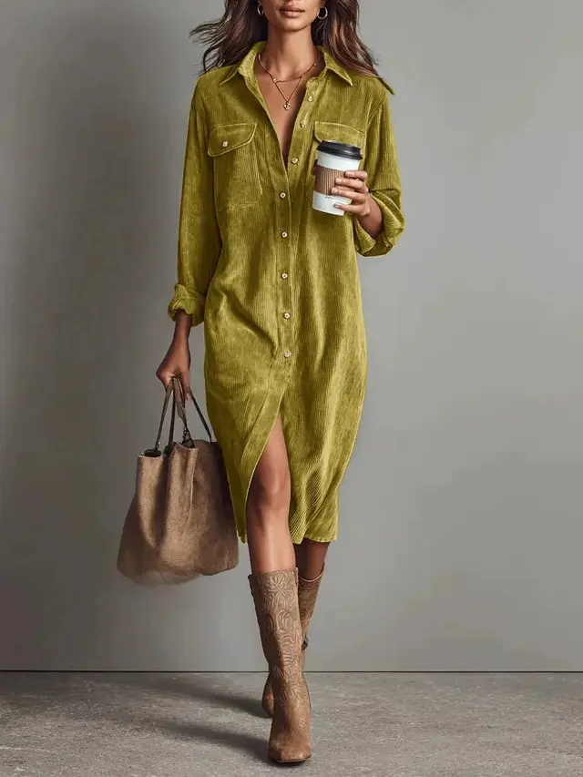 Turn Down Collar Buttons Chic Casual Dress, Women Spring Autumn Solid Simple Party Dress, Long Sleeve Holiday Ladies Dress Yellow - Shop at LoveMi