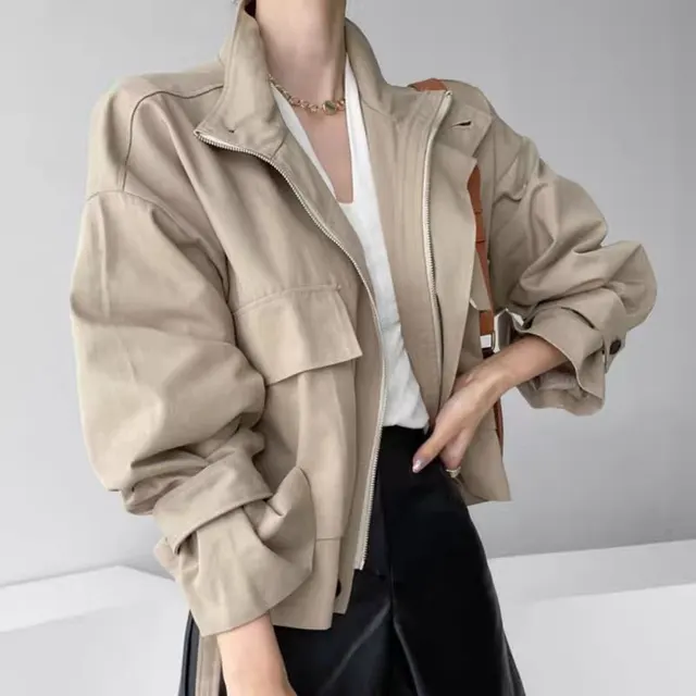 Long Sleeve Tooling Jacket Short Coat Windbreaker For Women Light Khaki - Shop at LoveMi