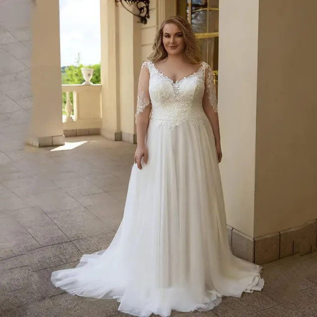 Plus Size Wedding Dress Fashion V neck Lace Puffy Gown White - Shop at LoveMi
