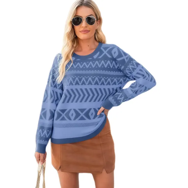 Intellectual Style Unique Long Sleeve Round Neck Knitted Sweater Blue - Shop at LoveMi