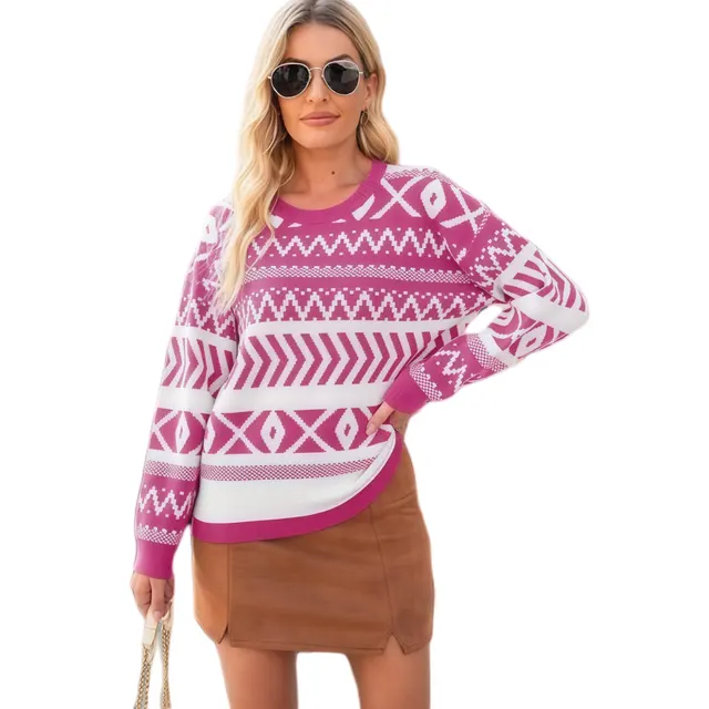 Intellectual Style Unique Long Sleeve Round Neck Knitted Sweater Rose Red - Shop at LoveMi