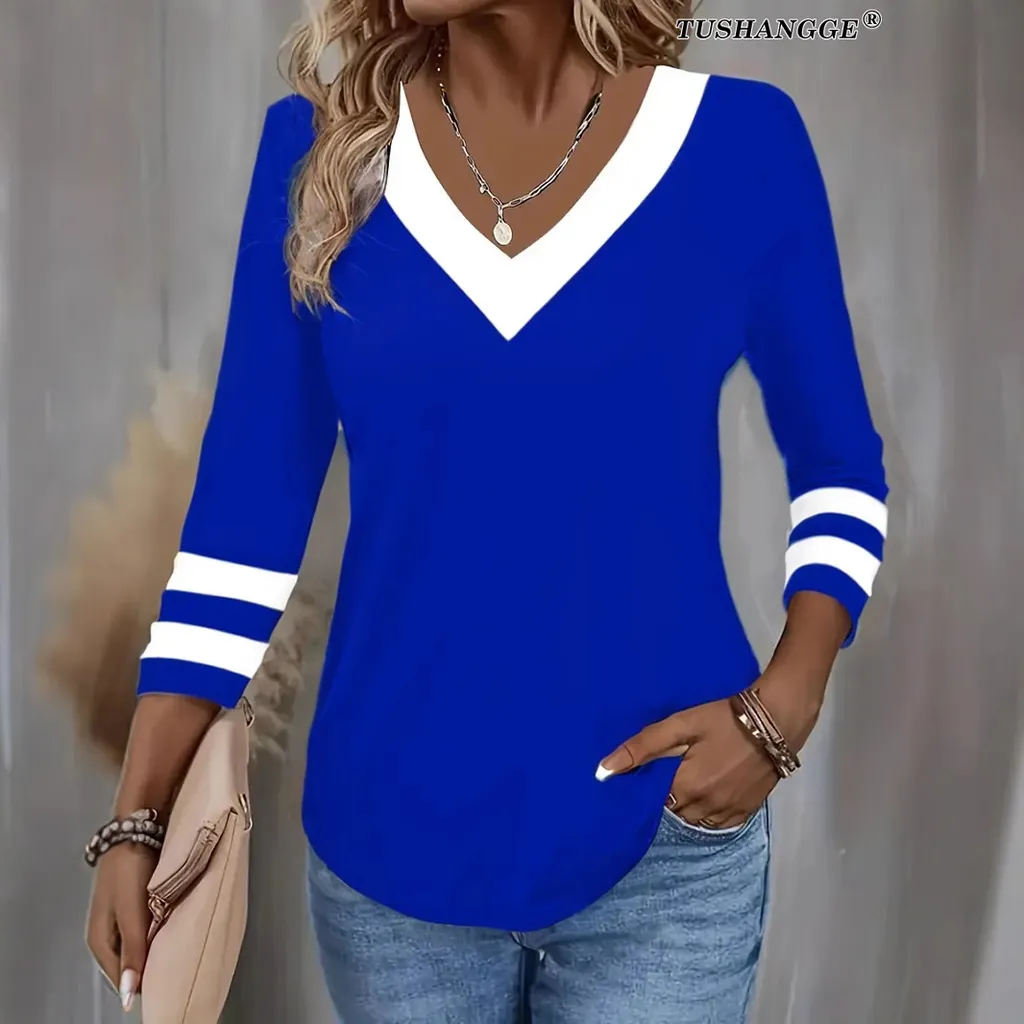 Women's Color Matching Long-sleeved V-neck T-shirt - Blue