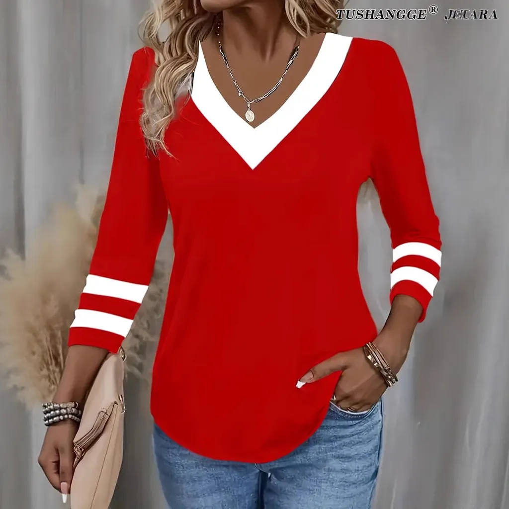 Women's Color Matching Long-sleeved V-neck T-shirt - Red