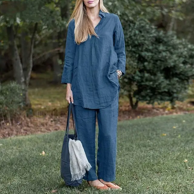 Loose Long Sleeve Shirt Wide Leg Pants Elegant Casual Retro Suit Blue - Shop at LoveMi