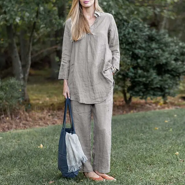 Loose Long Sleeve Shirt Wide Leg Pants Elegant Casual Retro Suit Gray - Shop at LoveMi
