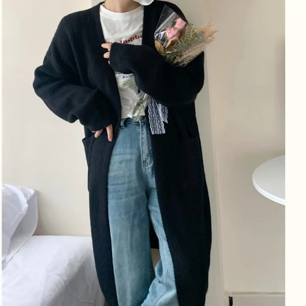Autumn And Winter Korean Style Lazy Wind Coat Long Sweater Coat Black - Shop at LoveMi