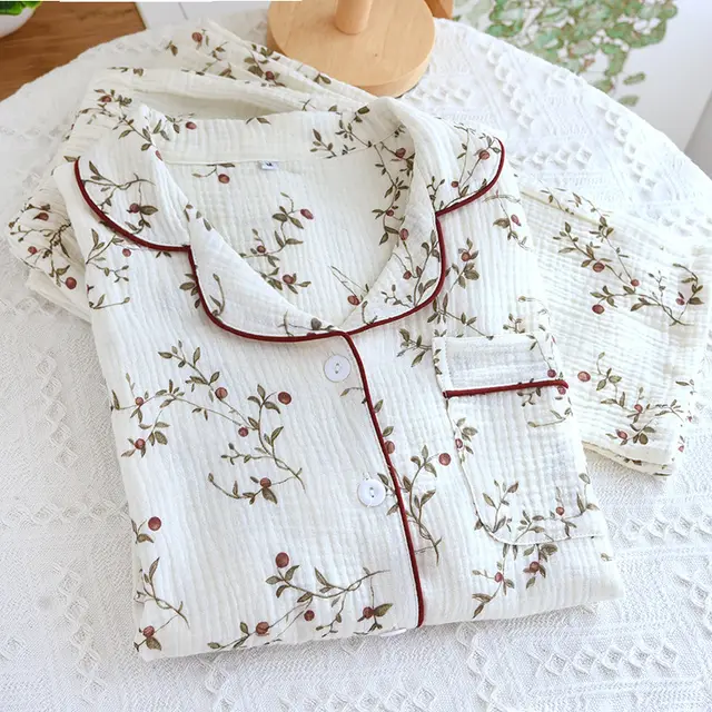 Women's Cotton Gauze Pajamas Spring And Autumn Long sleeved Trousers Beige - Shop at LoveMi