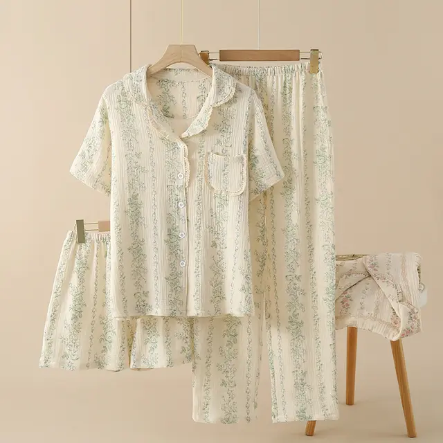 Women's Crepe Cotton Yarn Fashion Three piece Set Lace Collar Green Pattern - Shop at LoveMi