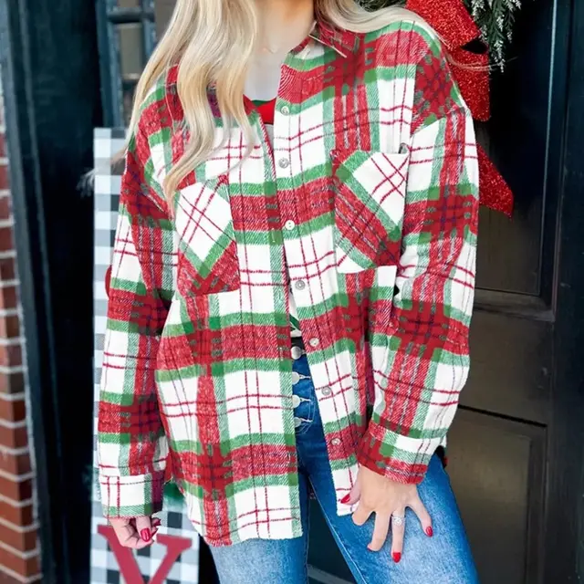 Red Christmas Plaid Casual Flannel Shacket Red - Shop at LoveMi