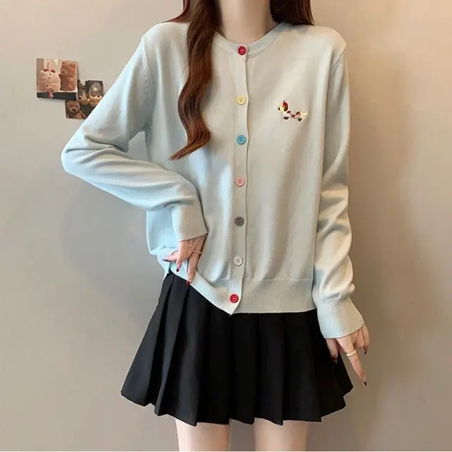 Embroidered Crew Neck Versatile Cardigan Knitted Top Sky Blue - Shop at LoveMi