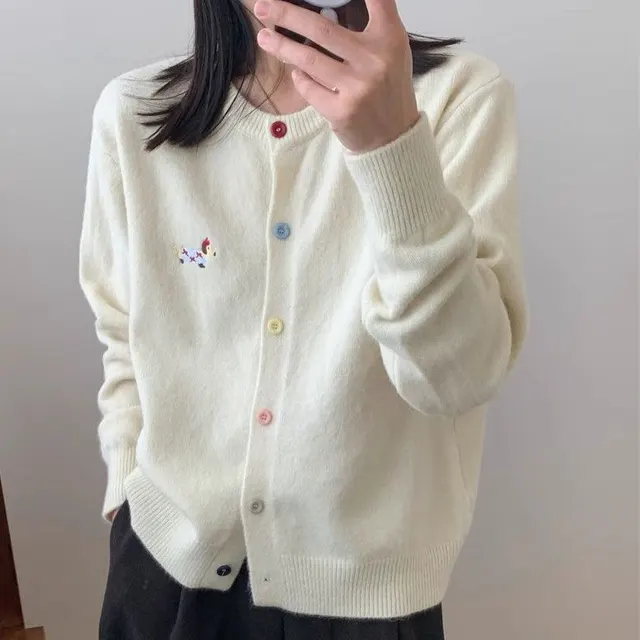 Embroidered Crew Neck Versatile Cardigan Knitted Top White - Shop at LoveMi