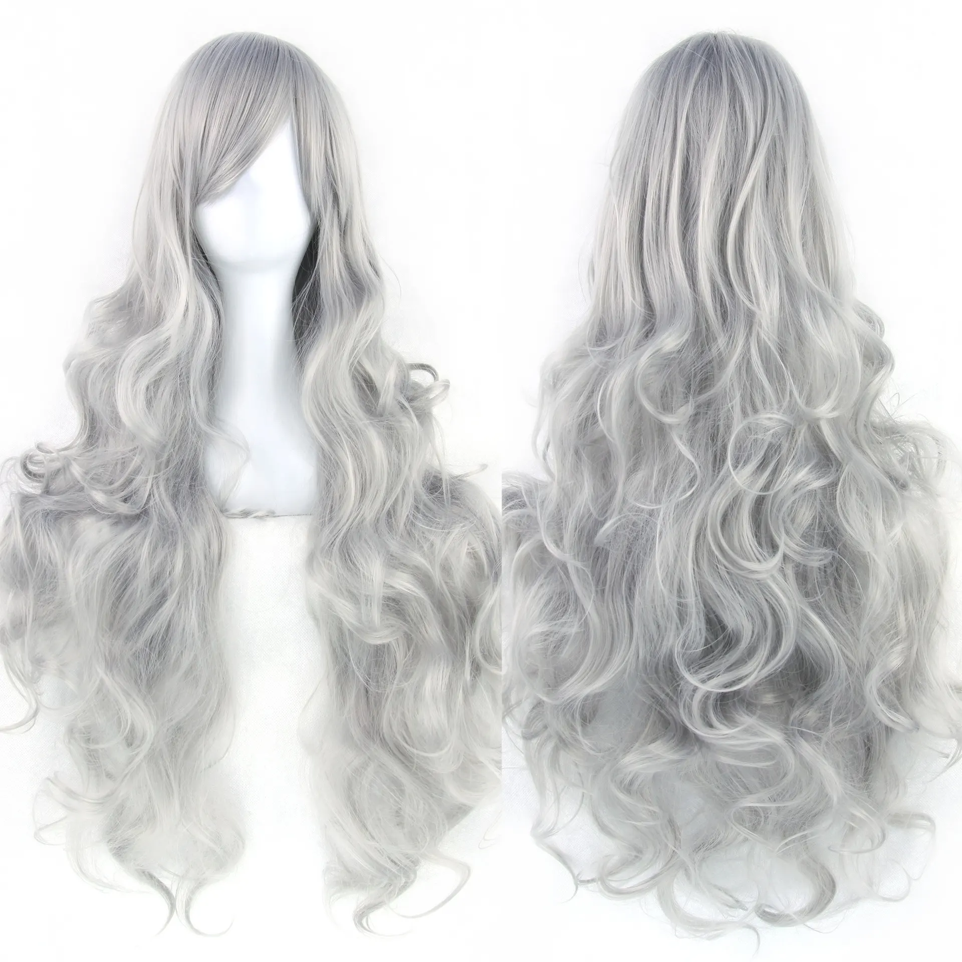 Pure Color All-matching COS Long Curly High-temperature Fiber Wig - Silver Gray