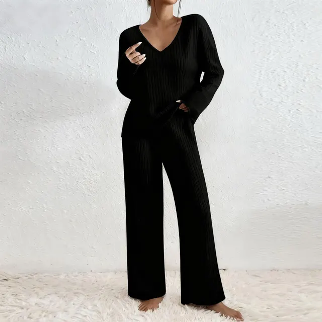 Long Sleeve V neck Knitted Sunken Stripe Brushed Loose Leisure Suit Black - Shop at LoveMi