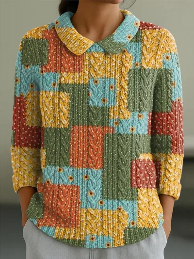 Autumn And Winter New Women's Doll Collar Knitted Jacquard Fabric French Retro Printed Top Nsy30125100804 - Shop at LoveMi