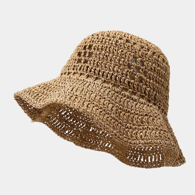 Fashion Crocheted Breathable Straw Can Shape Bucket Hat Women's Seaside Vacation Light Board Khaki - Shop at LoveMi