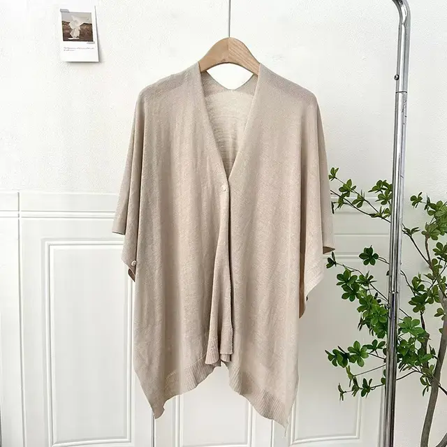 Summer Thin Solid Color Knitted Cardigan With Buckle All match Cloak Waistcoat Camel - Shop at LoveMi