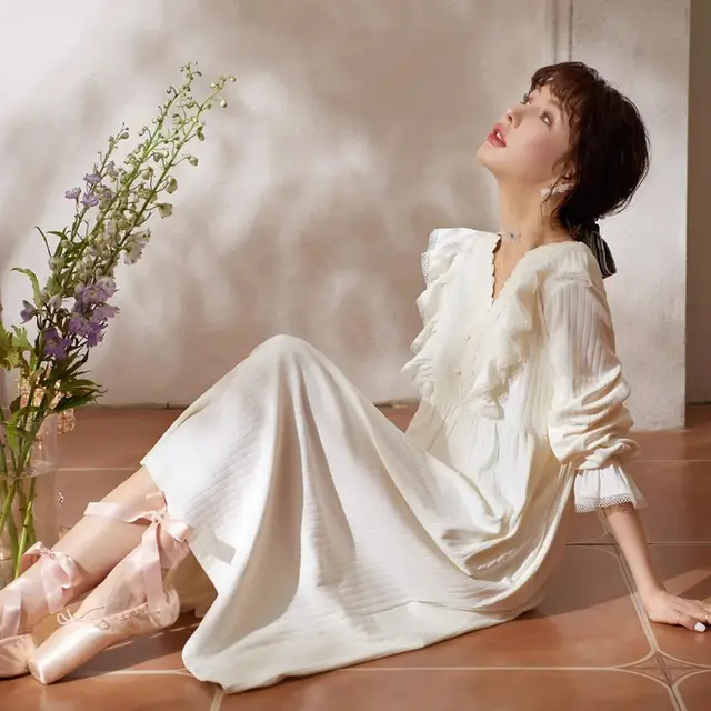 Nightdress Long Sleeve Large Size Mid length Can Be Worn Outside Pure White - Shop at LoveMi