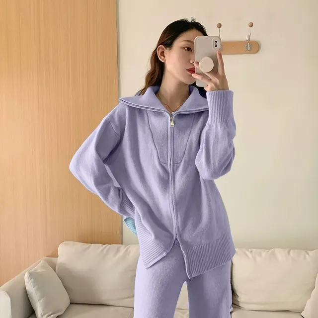 Loose Knitted Sweater Suit Women's Zipper Cardigan Outerwear Wide Leg Pants Violet - Shop at LoveMi