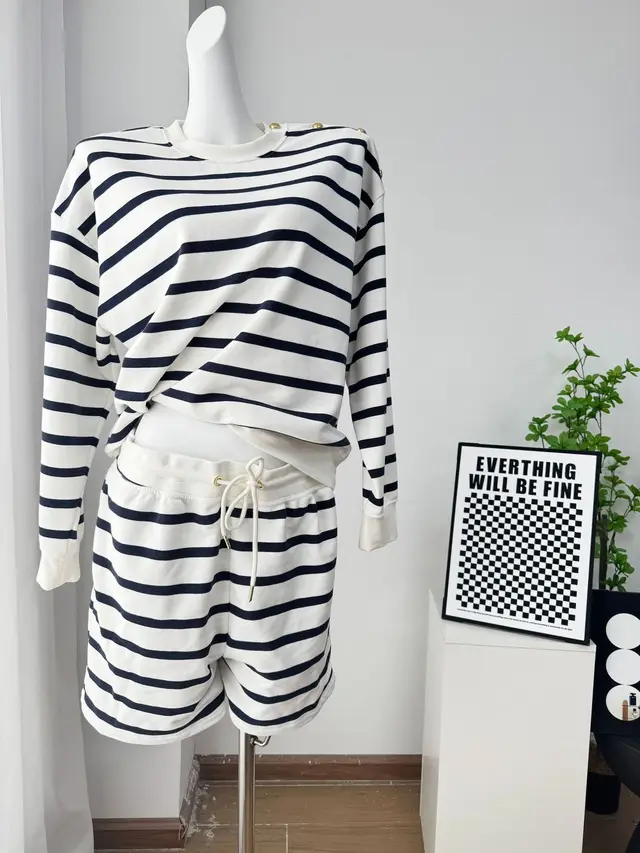 Soft Cotton Striped Suit Casual Long Sleeve Sweatshirt And Shorts Black - Shop at LoveMi