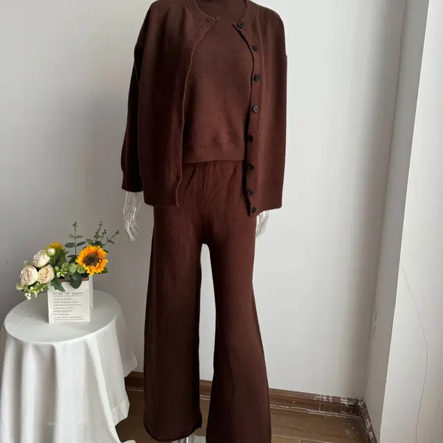 Women's Sweater Suit Round Neck Sweater Cardigan Knitted Vest Same Color Trousers Dark Brown - Shop at LoveMi