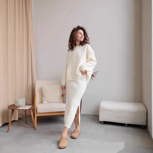 Knitted Overskirt Suit Women's Sweater Split Hip Skirt Elegant Milky White - Shop at LoveMi