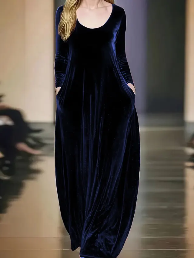Autumn And Winter Gold Velvet Long Dress Round Neck Dark Blue - Shop at LoveMi