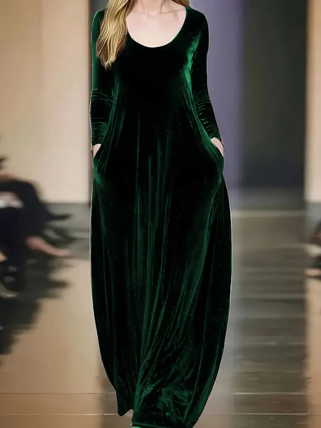 Autumn And Winter Gold Velvet Long Dress Round Neck Green - Shop at LoveMi