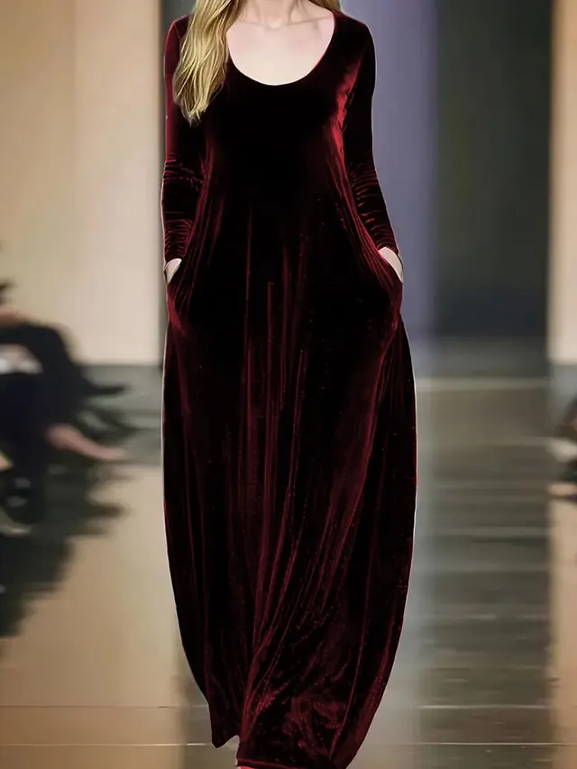 Autumn And Winter Gold Velvet Long Dress Round Neck Wine Red - Shop at LoveMi