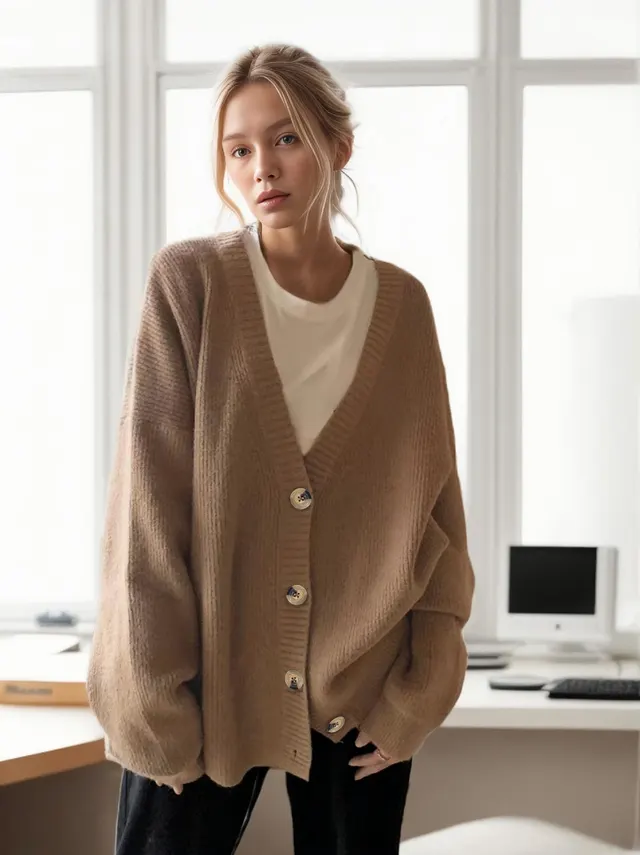V neck Coat Solid Color Vertical Stripes Autumn And Winter Brown - Shop at LoveMi