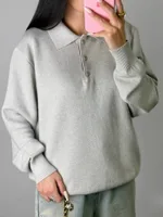 Vintage Casual All-matching Polo Lapel Knitted Sweater - Gray