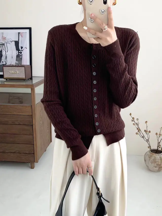 Women's Round Neck Sweater Small Cardigan Outer Wear Brown - Shop at LoveMi