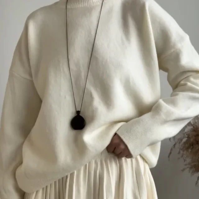 Solid Color Round Neck Sweater Pleated Skirt Suit Fashion Skirt Ivory White - Shop at LoveMi