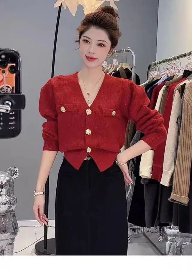 Cardigan French Style V neck Gold Buckle Knitted Sweater For Women Wine Red - Shop at LoveMi