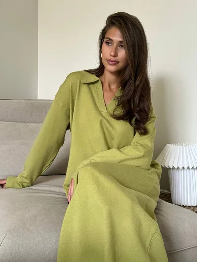 Retro Lazy Style Scissors Collar Long sleeved Knitted Women's Dress Green Single Skirt - Shop at LoveMi