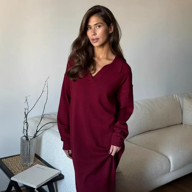 Retro Lazy Style Scissors Collar Long sleeved Knitted Women's Dress Wine Red Single Skirt - Shop at LoveMi