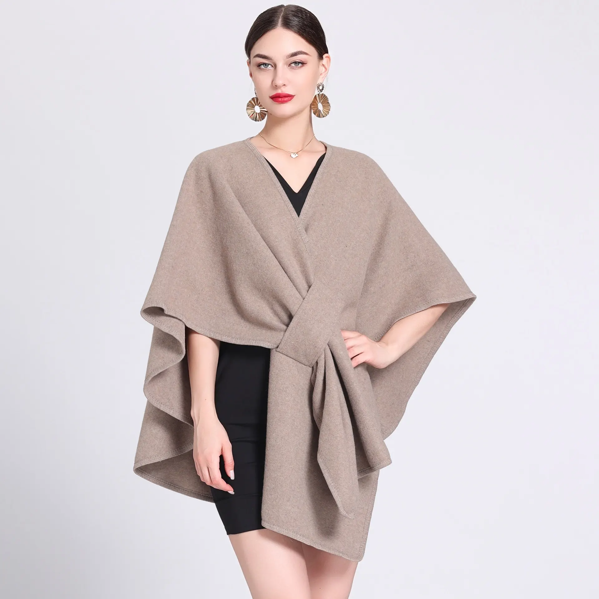 Fashion Shawl Cape Outer Wear - Khaki