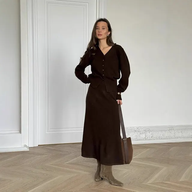 V neck Knitted Cardigan A Line Midi Skirt Two piece Set Brown - Shop at LoveMi