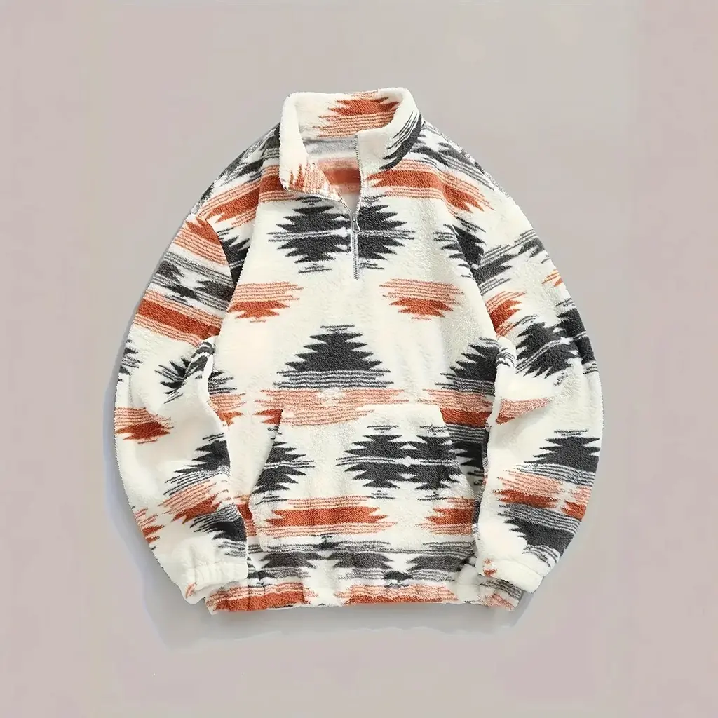 Bohemian Zipper Fleece Sweatshirt Top For Women - Green