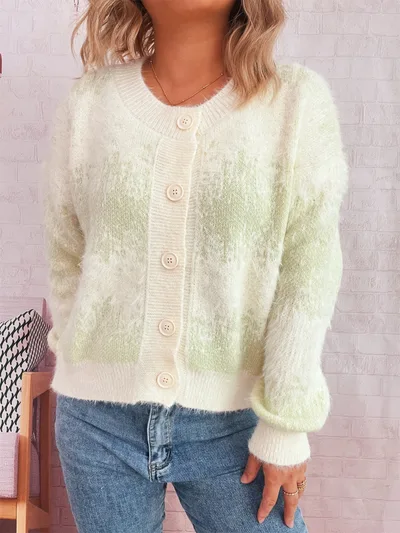 Color Changing Contrast Color Jacquard Single breasted Casual Sweater Green - Shop at LoveMi