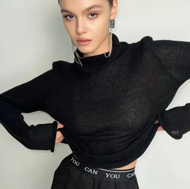 Knitted Long sleeved Top Loose And Idle Curling Hollow Design Black - Shop at LoveMi