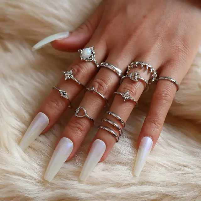 Vintage Opal Rhinestone Star Moon Set Rings Silver Sku5312 - Shop at LoveMi