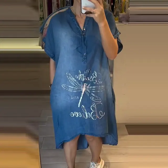 Fashion Casual Printing Loose Dress Blue - Shop at LoveMi