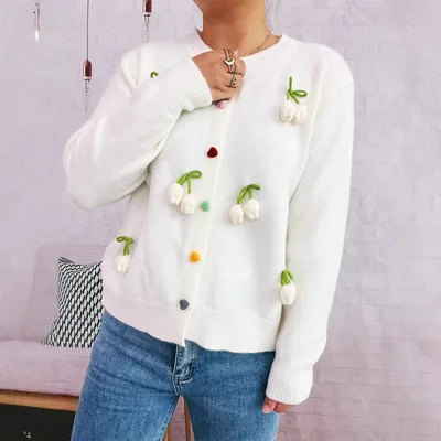 Three dimensional Decoration Flower Cute Style Knit Casual Valentine's Day Sweater White - Shop at LoveMi