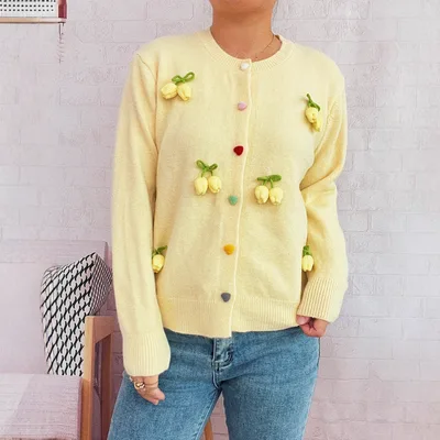 Three dimensional Decoration Flower Cute Style Knit Casual Valentine's Day Sweater Yellow - Shop at LoveMi