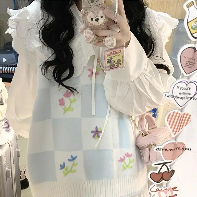 Sweet Flowers Embroidered Knitted Women's Vest Blue Vest - Shop at LoveMi