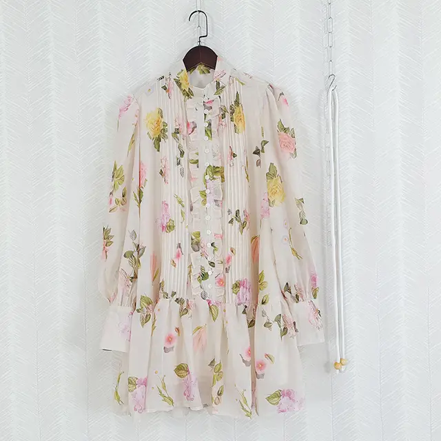 Women's Vintage Long Sleeve Floral Print Pleated Fungus Lace up Dress - Shop at LoveMi