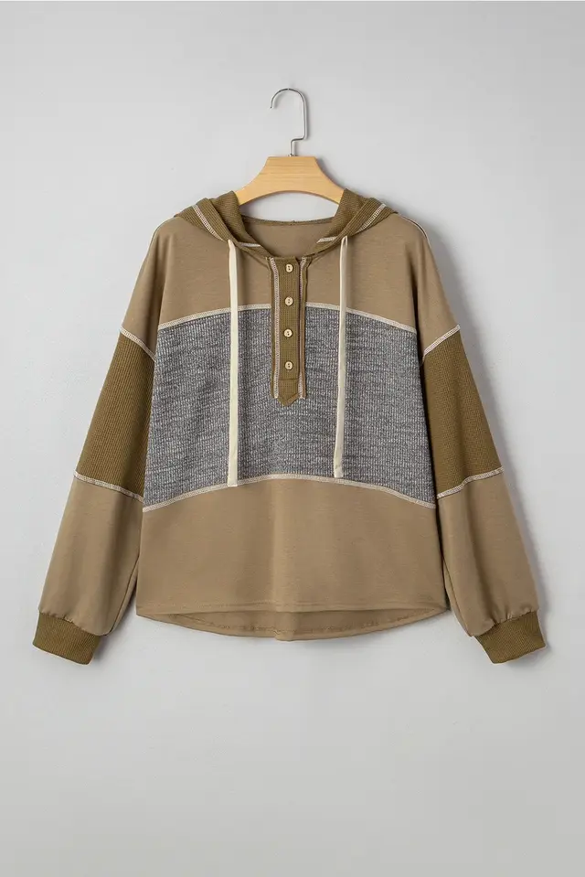Jungle Green Mixed Texture Stitching Exposed Stitching Half Button Pullover Hooded Sweatshirt Green - Shop at LoveMi