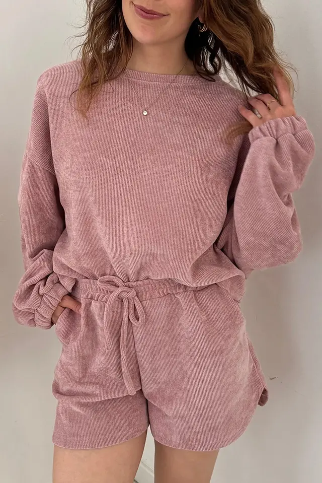 Women's Solid Color Round Neck Homewear Casual Long Sleeve Drawstring Suit Pink - Shop at LoveMi